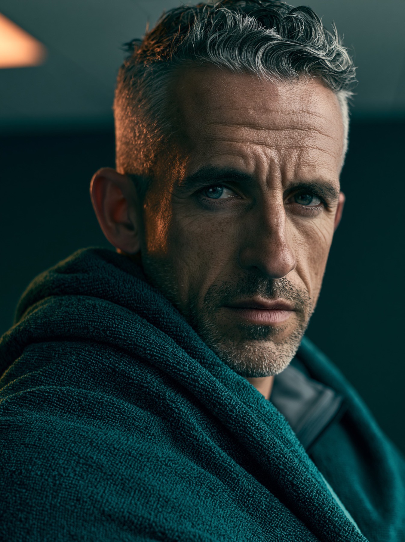 Man in a teal knit sweater, direct gaze over the shoulder — His Path at Kassy Wellness